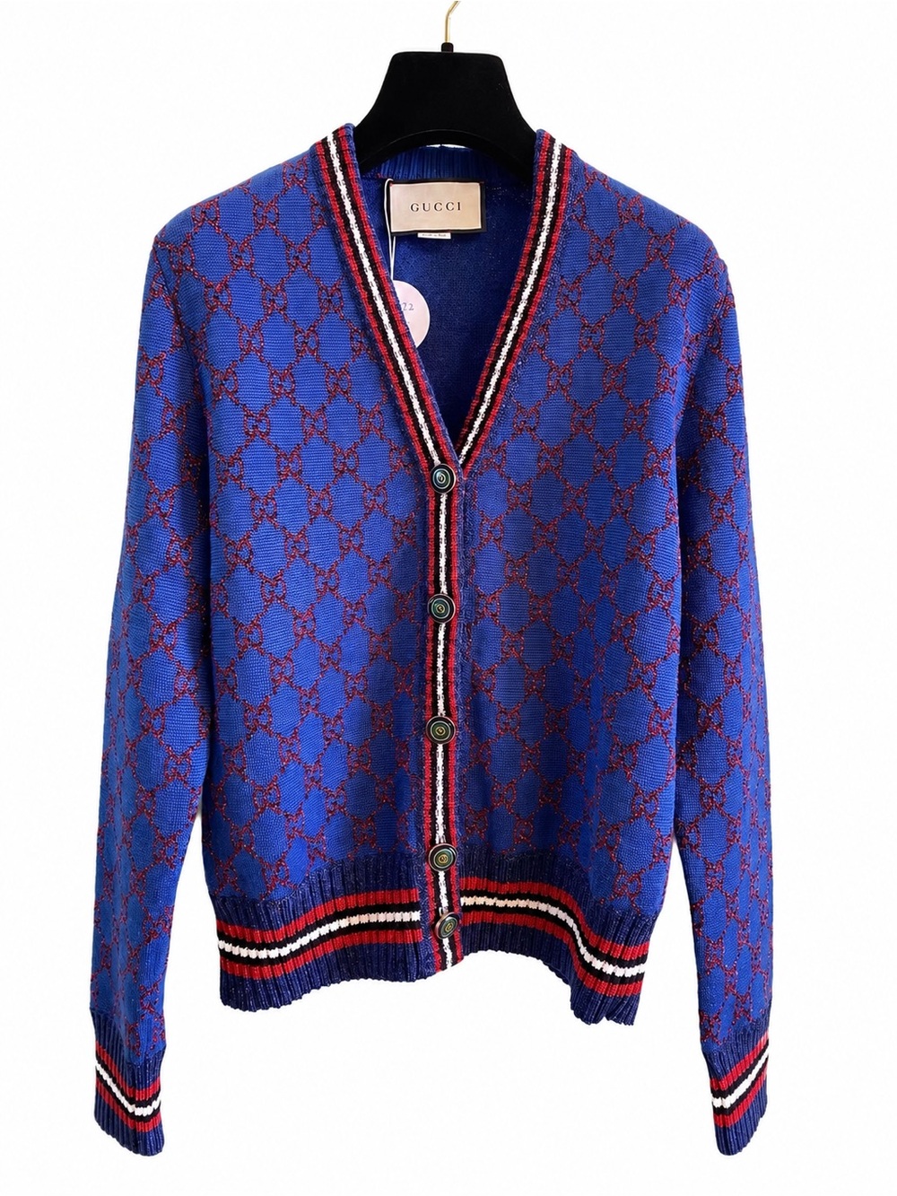 Gucci Blue and Red Interlocking G V‑Neck Cardigan